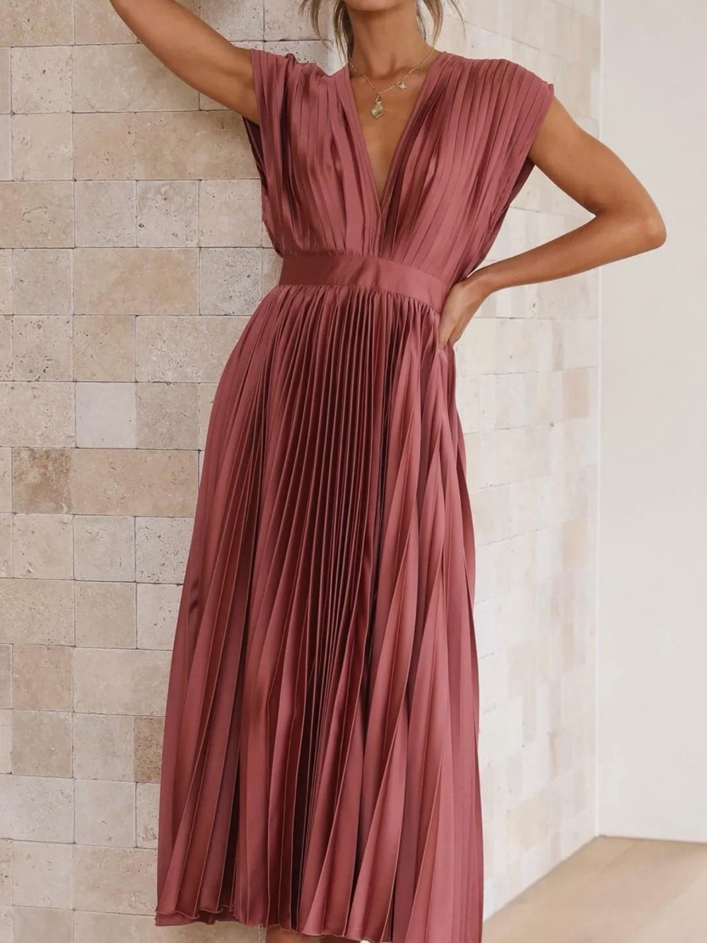 Pleated V-Neck Midi Dress in Red Rose
